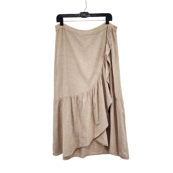 Madewell Women's Tan Linen Blend Ruffled Asymmetrical Hem Midi Faux Wrap Skirt - Picture 1 of 8
